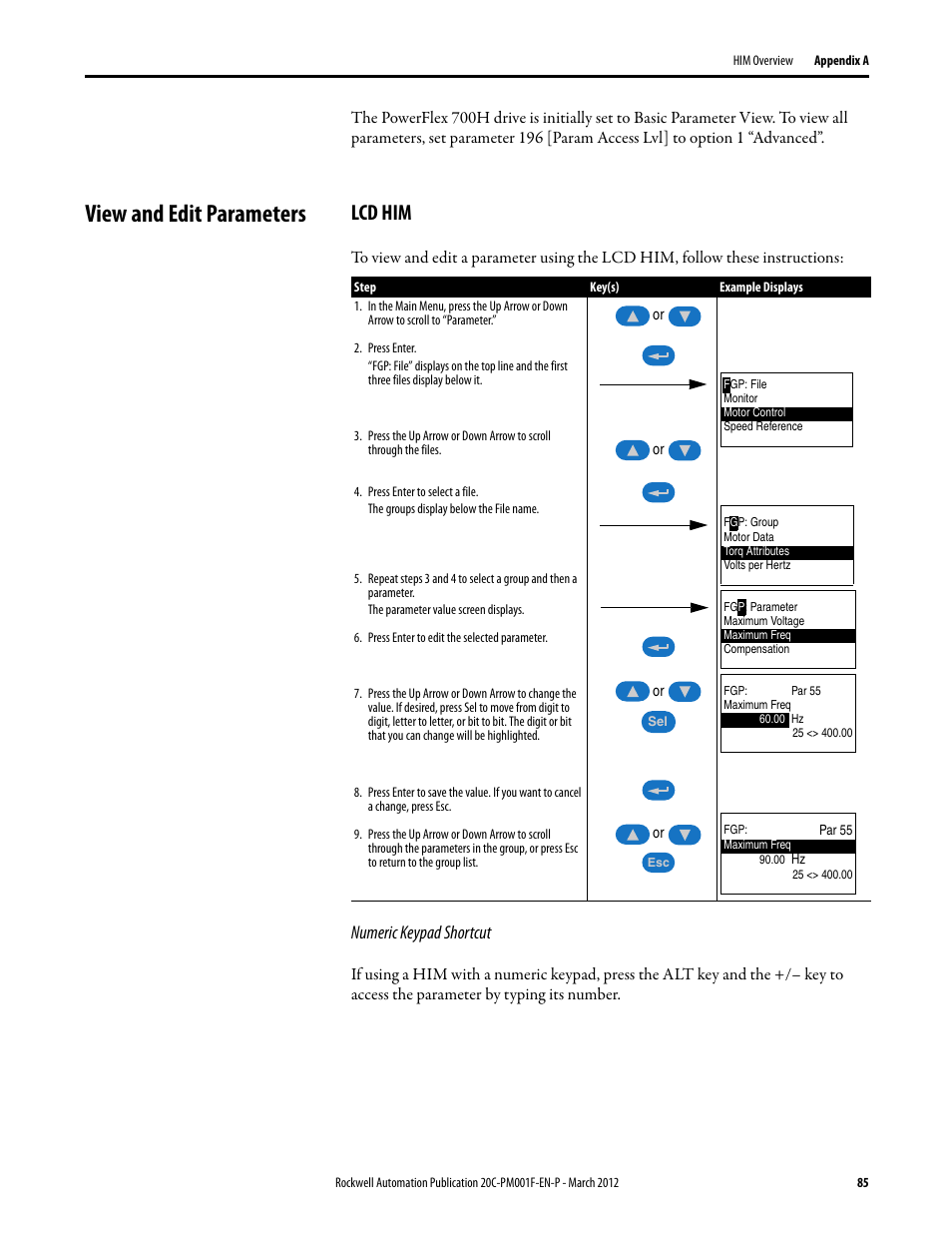 View and edit parameters, Lcd him, Numeric keypad shortcut | Rockwell Automation 20C PowerFlex 700H Drives Programming User Manual | Page 85 / 116