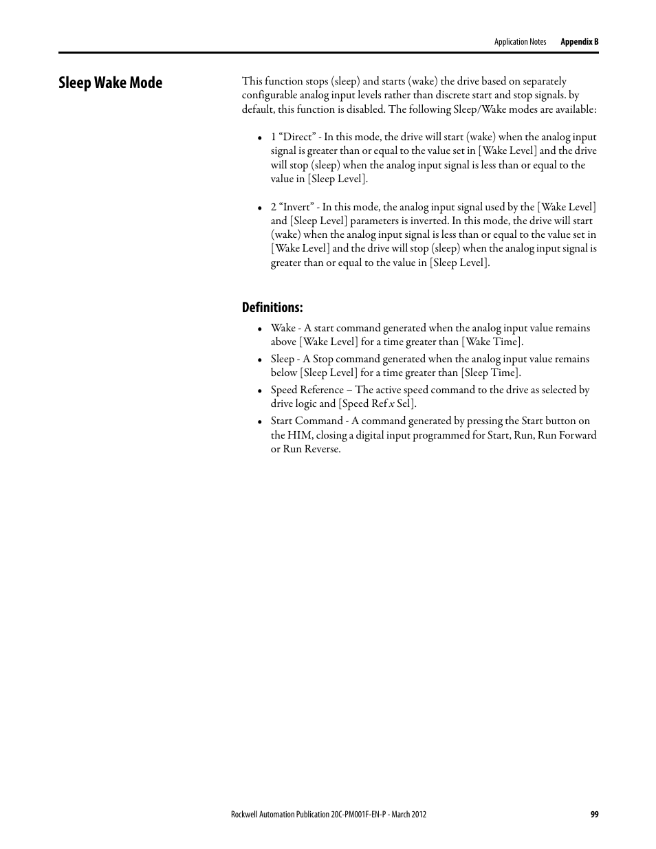 Sleep wake mode, Definitions | Rockwell Automation 20C PowerFlex 700H Drives Programming User Manual | Page 99 / 116