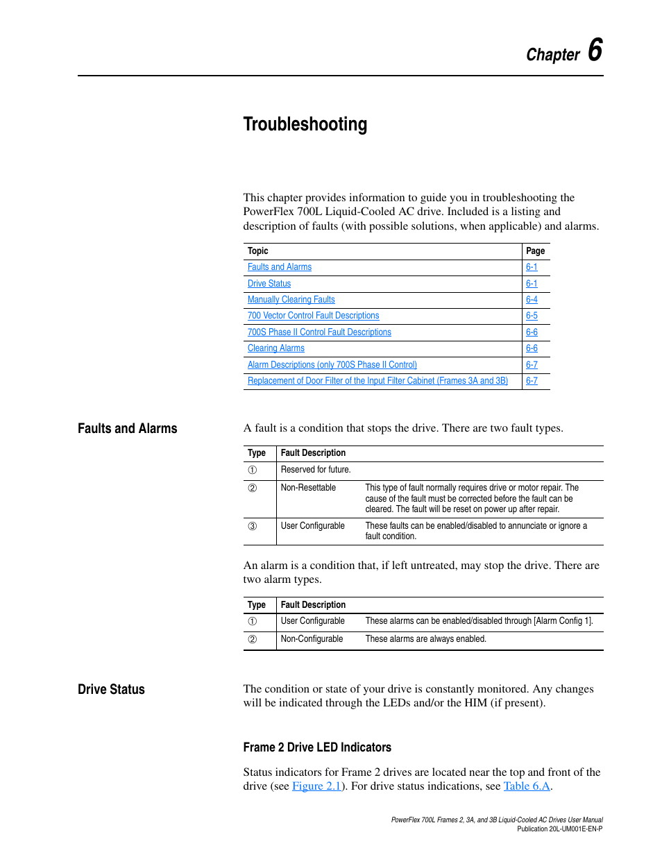 Chapter 6, Troubleshooting, Faults and alarms | Drive status, Frame 2 drive led indicators, Faults and alarms -1 drive status -1, Frame 2 drive led indicators -1 | Rockwell Automation 20L PowerFlex 700L Liquid-Cooled Adjustable Frequency AC Drive User Manual | Page 109 / 156
