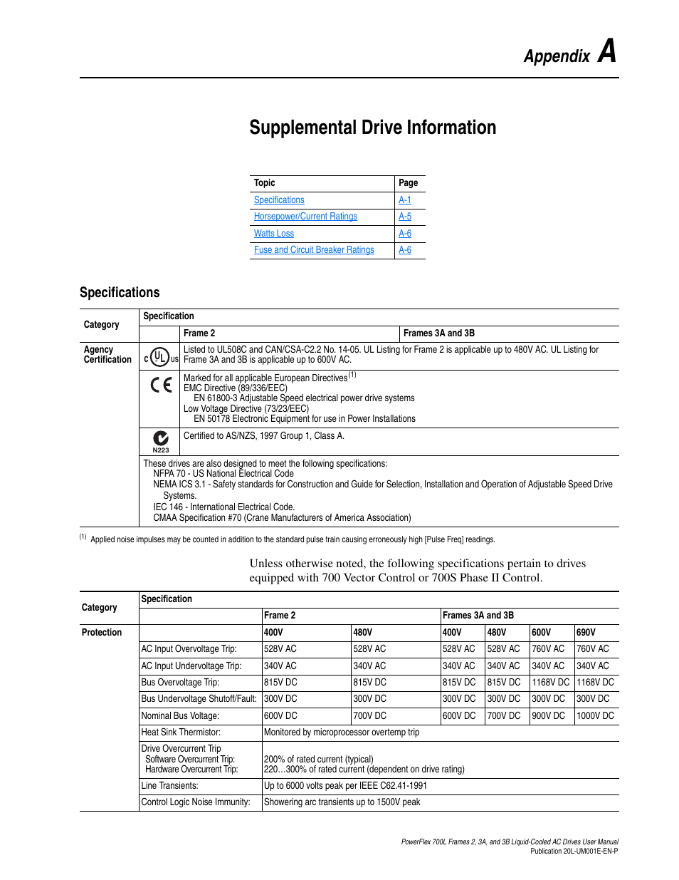 Appendix a, Supplemental drive information, Specifications | Appendix | Rockwell Automation 20L PowerFlex 700L Liquid-Cooled Adjustable Frequency AC Drive User Manual | Page 117 / 156