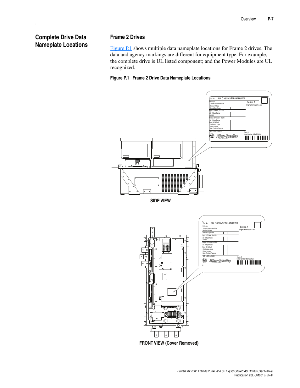 Complete drive data nameplate locations, Frame 2 drives | Rockwell Automation 20L PowerFlex 700L Liquid-Cooled Adjustable Frequency AC Drive User Manual | Page 15 / 156