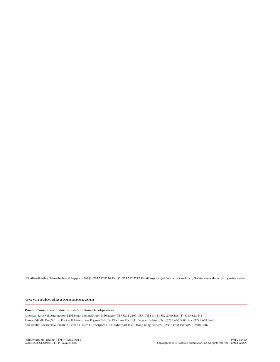 Back cover / publication 20l-um001e-en-p may 2013, Publication 20l-um001e-en-p | Rockwell Automation 20L PowerFlex 700L Liquid-Cooled Adjustable Frequency AC Drive User Manual | Page 156 / 156