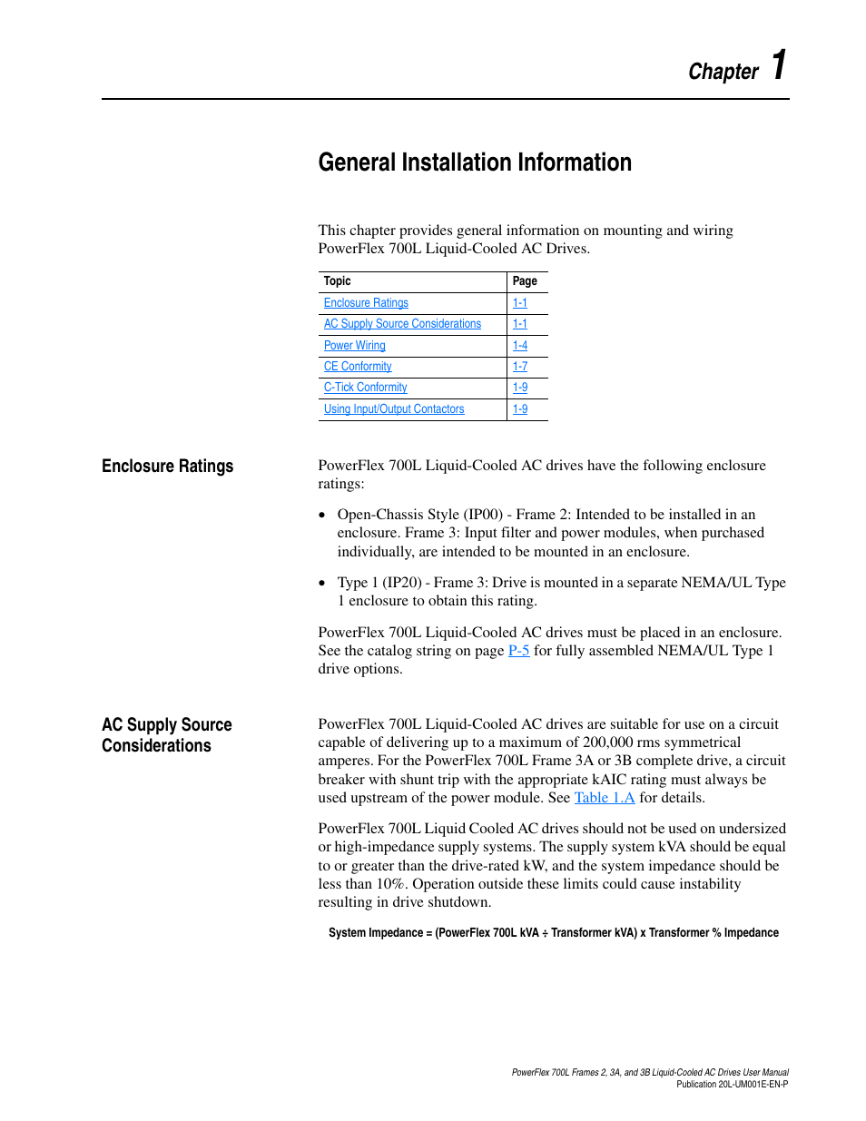 Chapter 1, General installation information, Enclosure ratings | Ac supply source considerations | Rockwell Automation 20L PowerFlex 700L Liquid-Cooled Adjustable Frequency AC Drive User Manual | Page 17 / 156