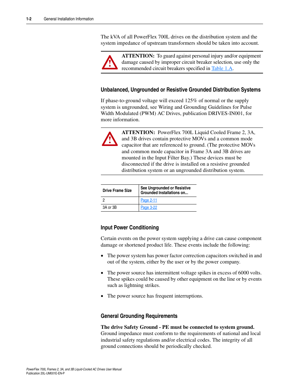Input power conditioning, General grounding requirements | Rockwell Automation 20L PowerFlex 700L Liquid-Cooled Adjustable Frequency AC Drive User Manual | Page 18 / 156
