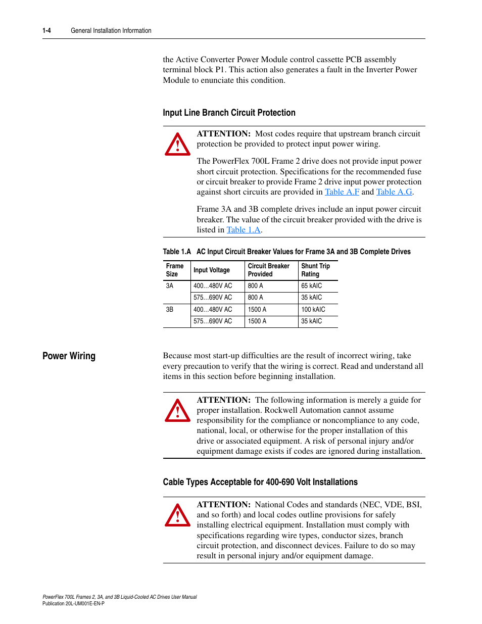 Input line branch circuit protection, Power wiring, Input line branch circuit protection -4 | Power wiring -4 | Rockwell Automation 20L PowerFlex 700L Liquid-Cooled Adjustable Frequency AC Drive User Manual | Page 20 / 156