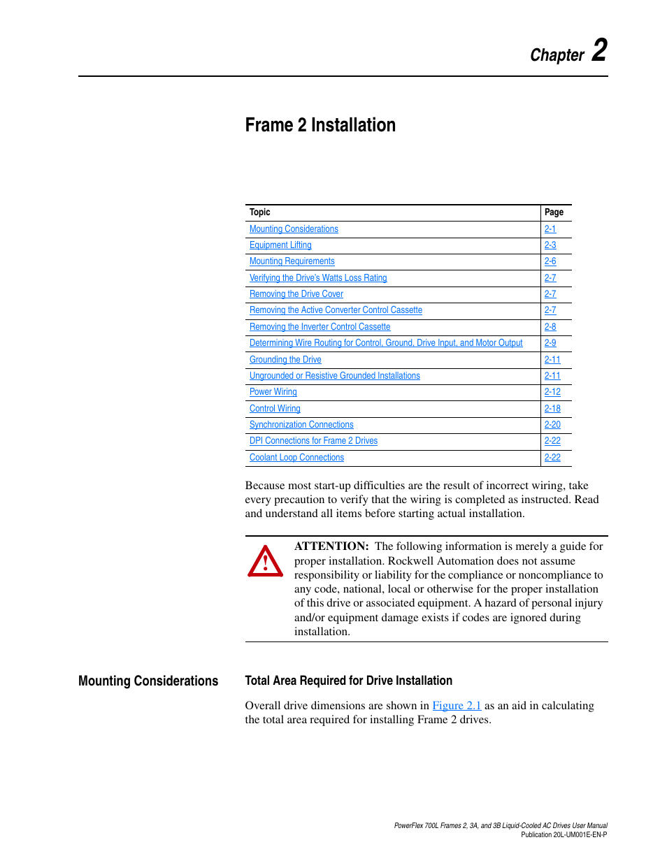 Chapter 2, Frame 2 installation, Mounting considerations | Total area required for drive installation, Mounting considerations -1, Total area required for drive installation -1 | Rockwell Automation 20L PowerFlex 700L Liquid-Cooled Adjustable Frequency AC Drive User Manual | Page 27 / 156