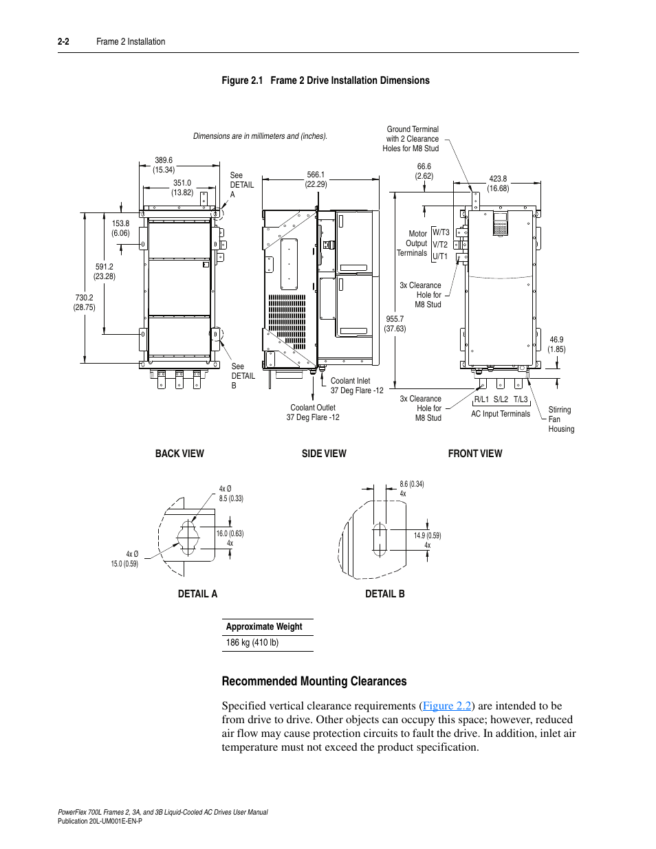 Recommended mounting clearances, Recommended mounting clearances -2, Figure 2.1 | Rockwell Automation 20L PowerFlex 700L Liquid-Cooled Adjustable Frequency AC Drive User Manual | Page 28 / 156
