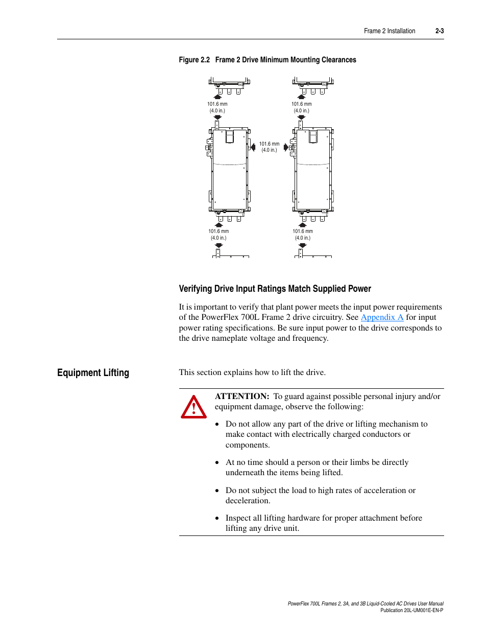 Verifying drive input ratings match supplied power, Equipment lifting, Equipment lifting -3 | Figure 2.2 | Rockwell Automation 20L PowerFlex 700L Liquid-Cooled Adjustable Frequency AC Drive User Manual | Page 29 / 156