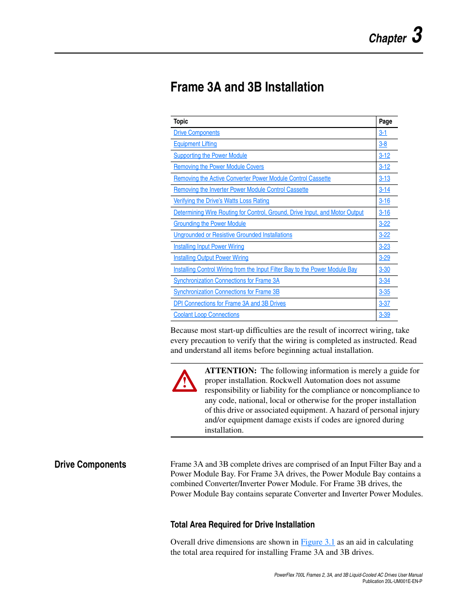 Chapter 3, Frame 3a and 3b installation, Drive components | Total area required for drive installation, Drive components -1, Total area required for drive installation -1 | Rockwell Automation 20L PowerFlex 700L Liquid-Cooled Adjustable Frequency AC Drive User Manual | Page 49 / 156