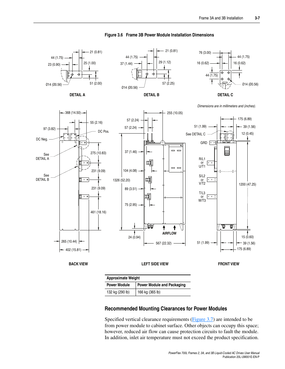 Recommended mounting clearances for power modules | Rockwell Automation 20L PowerFlex 700L Liquid-Cooled Adjustable Frequency AC Drive User Manual | Page 55 / 156