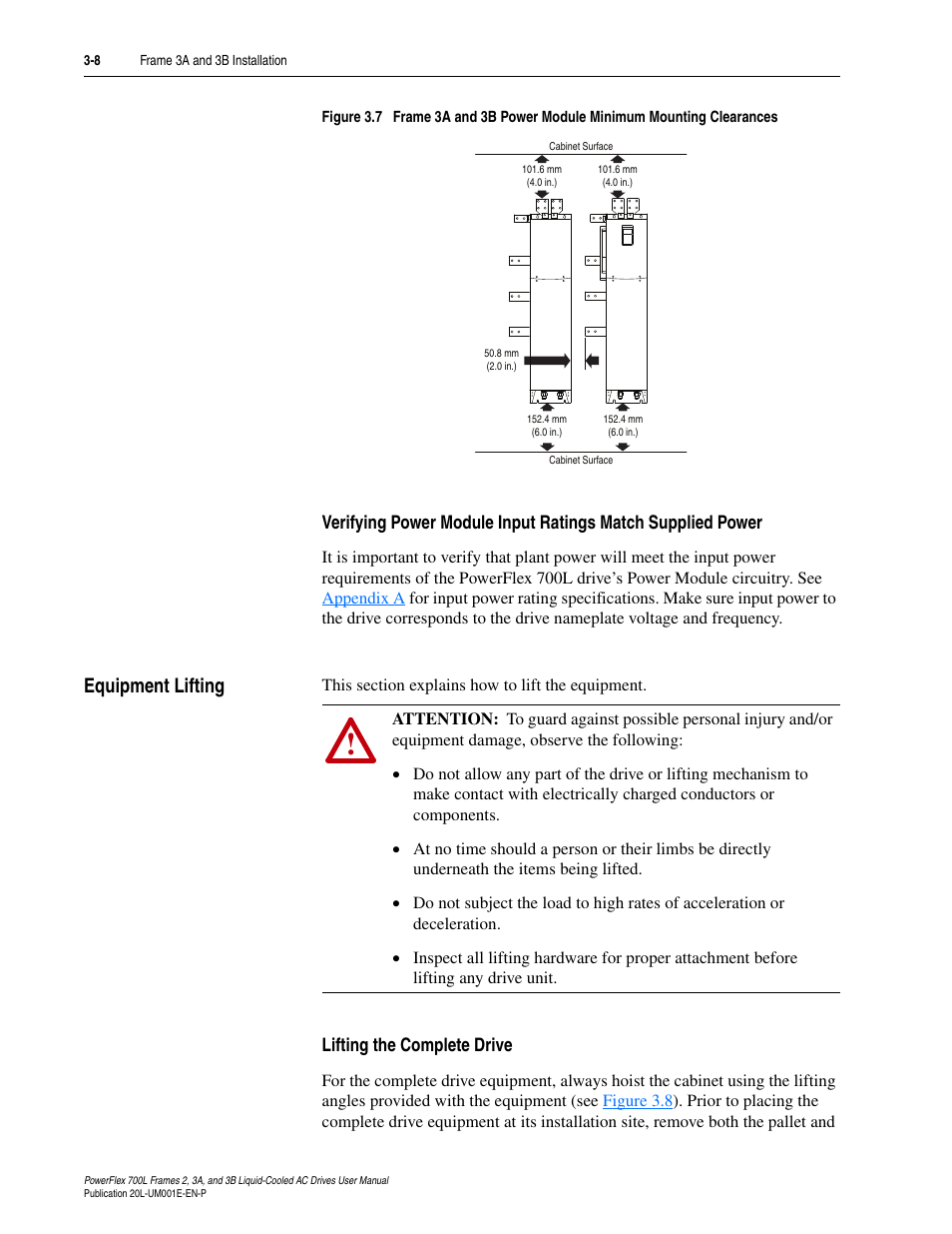 Equipment lifting, Lifting the complete drive, Equipment lifting -8 | Lifting the complete drive -8, Figure 3.7 | Rockwell Automation 20L PowerFlex 700L Liquid-Cooled Adjustable Frequency AC Drive User Manual | Page 56 / 156