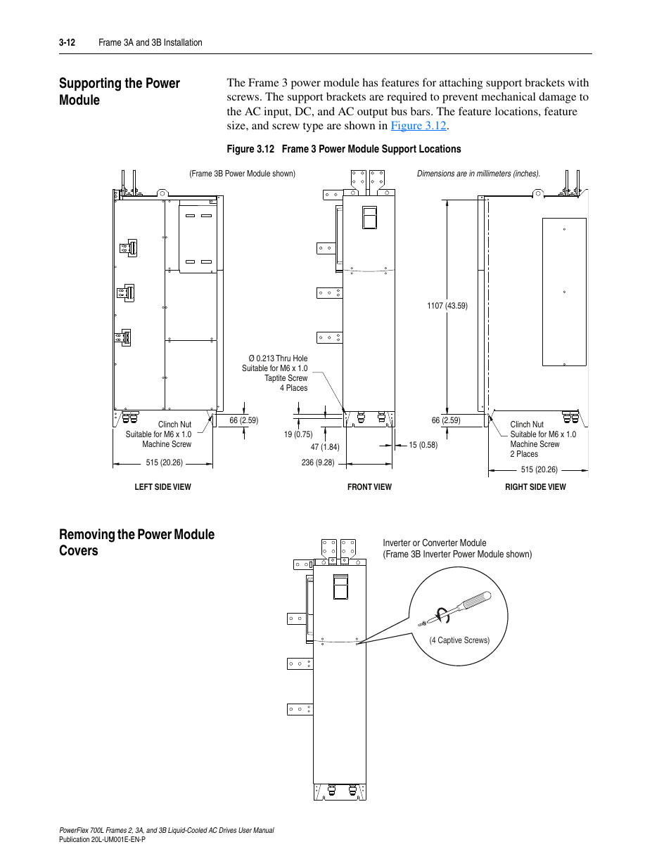 Supporting the power module, Removing the power module covers | Rockwell Automation 20L PowerFlex 700L Liquid-Cooled Adjustable Frequency AC Drive User Manual | Page 60 / 156