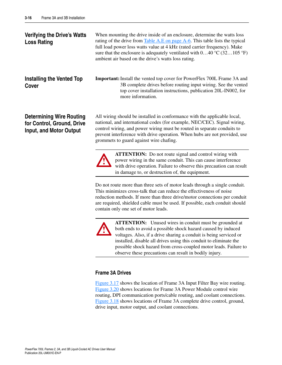 Verifying the drive’s watts loss rating, Installing the vented top cover, Frame 3a drives | Frame 3a drives -16 | Rockwell Automation 20L PowerFlex 700L Liquid-Cooled Adjustable Frequency AC Drive User Manual | Page 64 / 156