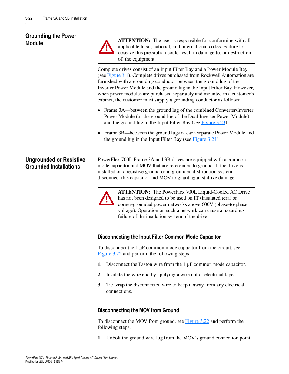 Grounding the power module, Ungrounded or resistive grounded installations, Disconnecting the mov from ground | Rockwell Automation 20L PowerFlex 700L Liquid-Cooled Adjustable Frequency AC Drive User Manual | Page 70 / 156