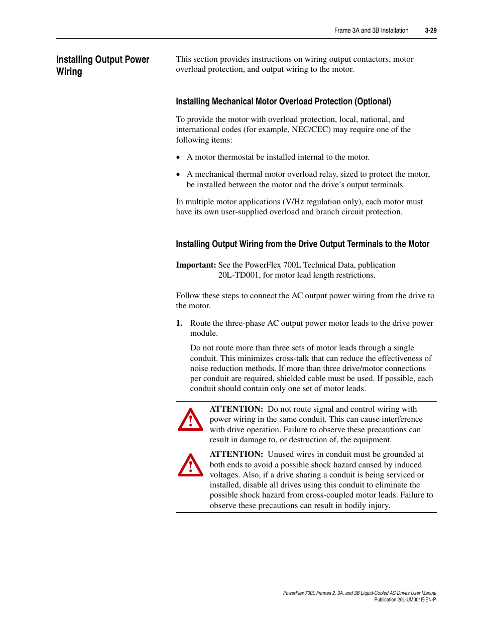 Installing output power wiring, Installing output power wiring -29 | Rockwell Automation 20L PowerFlex 700L Liquid-Cooled Adjustable Frequency AC Drive User Manual | Page 77 / 156