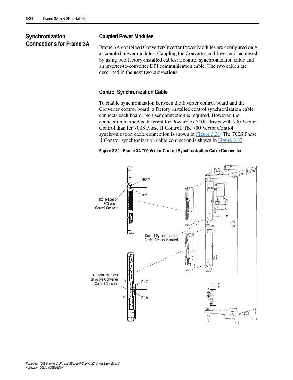 Synchronization connections for frame 3a, Coupled power modules, Control synchronization cable | Synchronization connections for frame 3a -34 | Rockwell Automation 20L PowerFlex 700L Liquid-Cooled Adjustable Frequency AC Drive User Manual | Page 82 / 156