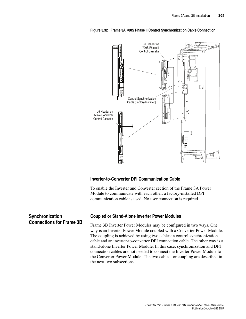 Inverter-to-converter dpi communication cable, Synchronization connections for frame 3b, Coupled or stand-alone inverter power modules | Inverter-to-converter dpi communication cable -35, Synchronization connections for frame 3b -35, Coupled or stand-alone inverter power modules -35, Figure 3.32 | Rockwell Automation 20L PowerFlex 700L Liquid-Cooled Adjustable Frequency AC Drive User Manual | Page 83 / 156