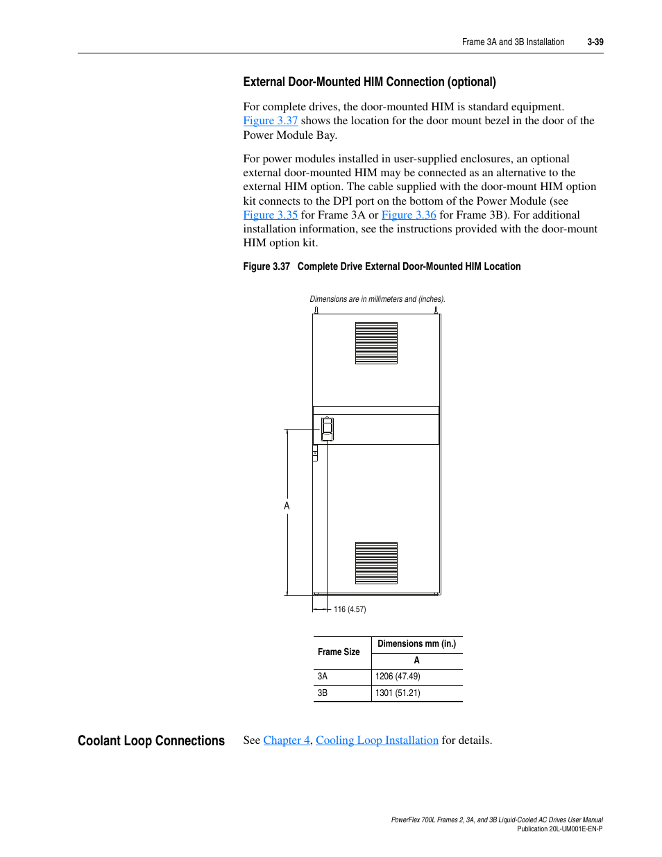 External door-mounted him connection (optional), Coolant loop connections, Coolant loop connections -39 | Rockwell Automation 20L PowerFlex 700L Liquid-Cooled Adjustable Frequency AC Drive User Manual | Page 87 / 156