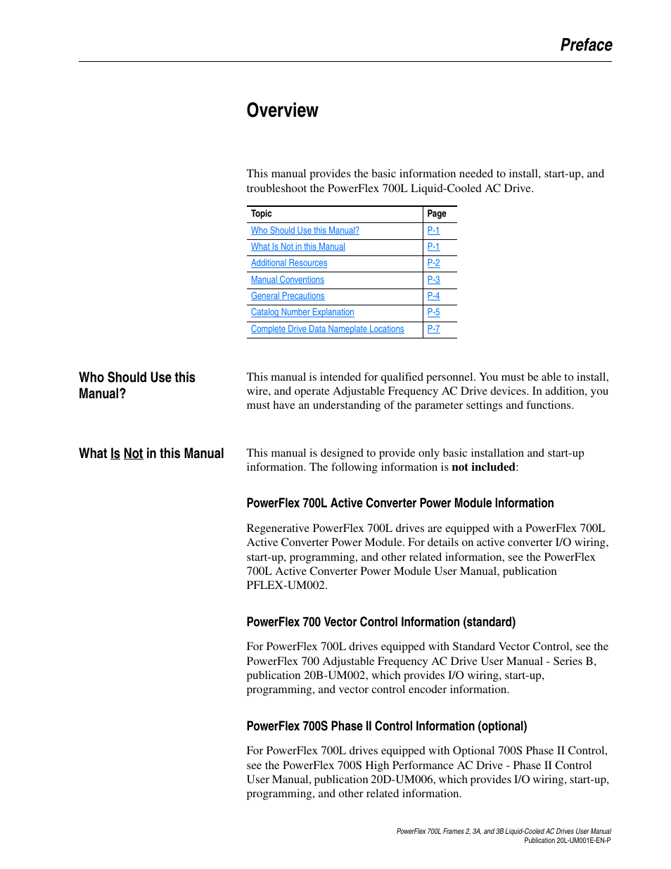 Preface, Overview, Who should use this manual | What is not in this manual | Rockwell Automation 20L PowerFlex 700L Liquid-Cooled Adjustable Frequency AC Drive User Manual | Page 9 / 156