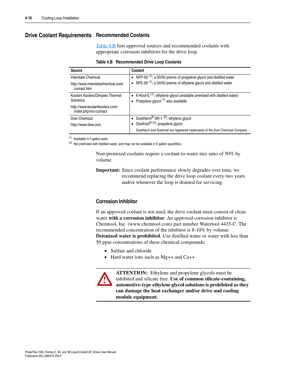 Drive coolant requirements, Recommended coolants, Corrosion inhibitor | Drive coolant requirements -10, Recommended coolants -10 corrosion inhibitor -10 | Rockwell Automation 20L PowerFlex 700L Liquid-Cooled Adjustable Frequency AC Drive User Manual | Page 98 / 156