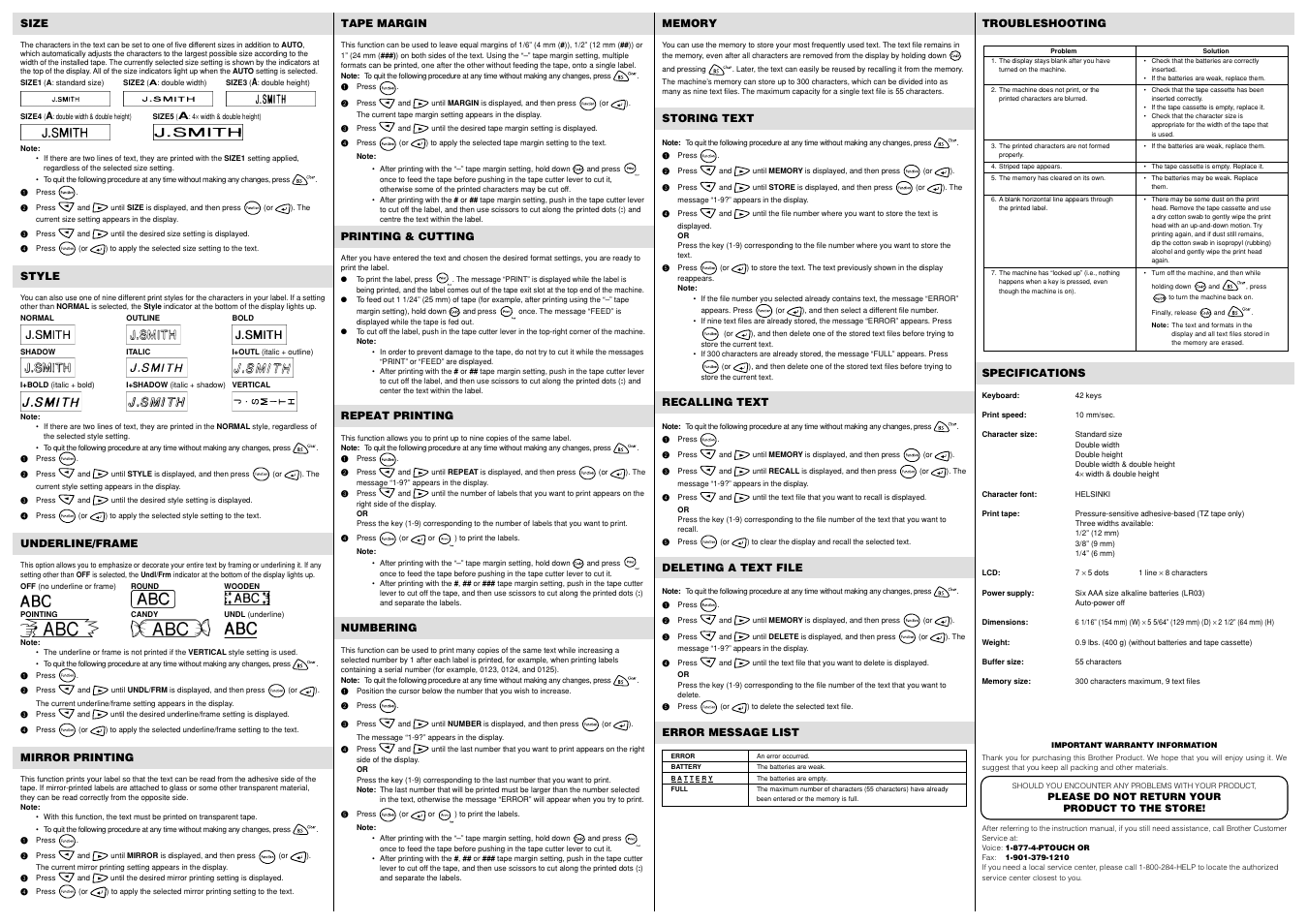 Auto numbering, Font size, Font style | Memory, Storing text, Recalling text, Deleting text, Mirror printing, Printing & cutting, Repeat printing | Brother PT-1180 User Manual | Page 2 / 2