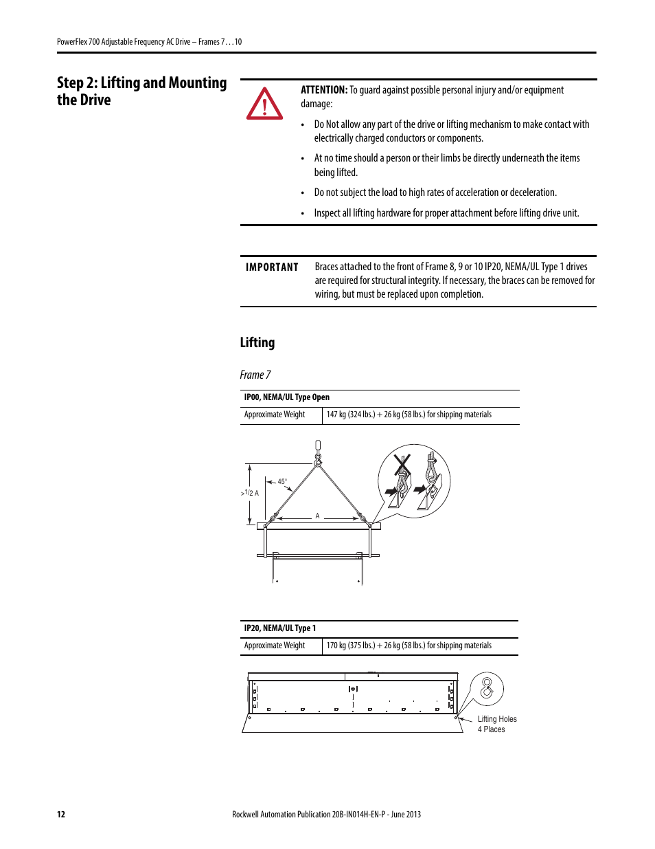 Step 2: lifting and mounting the drive, Lifting | Rockwell Automation 20D PowerFlex 700 Installation Instructions - Frames 7…10 User Manual | Page 12 / 76