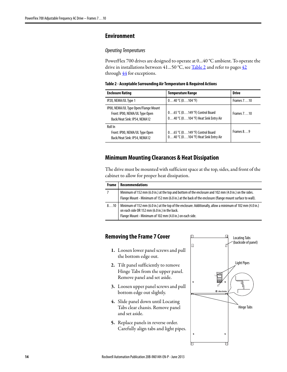 Environment, Minimum mounting clearances & heat dissipation, Removing the frame 7 cover | 14 minimum mounting clearances & heat dissipation, 14 removing the frame 7 cover | Rockwell Automation 20D PowerFlex 700 Installation Instructions - Frames 7…10 User Manual | Page 14 / 76