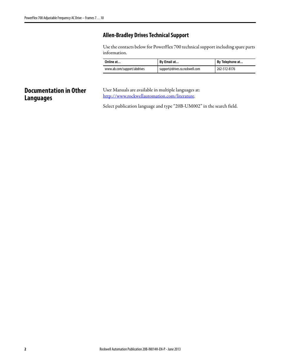 Allen-bradley drives technical support, Documentation in other languages | Rockwell Automation 20D PowerFlex 700 Installation Instructions - Frames 7…10 User Manual | Page 2 / 76