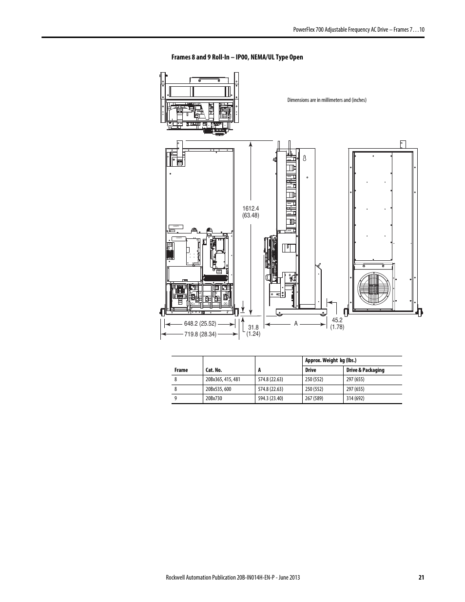 Frames 8 and 9 roll-in – ip00, nema/ul type open | Rockwell Automation 20D PowerFlex 700 Installation Instructions - Frames 7…10 User Manual | Page 21 / 76