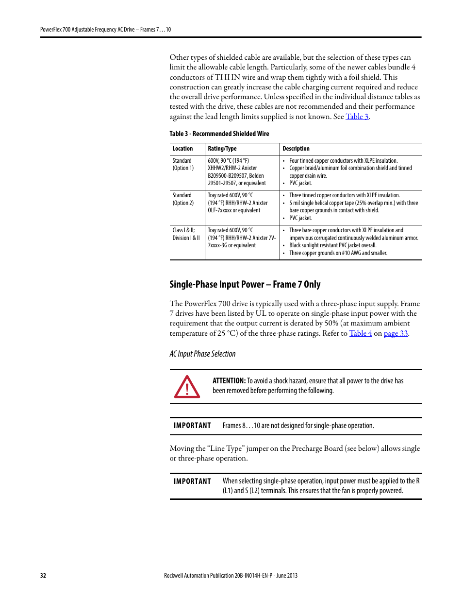 Single-phase input power – frame 7 only | Rockwell Automation 20D PowerFlex 700 Installation Instructions - Frames 7…10 User Manual | Page 32 / 76