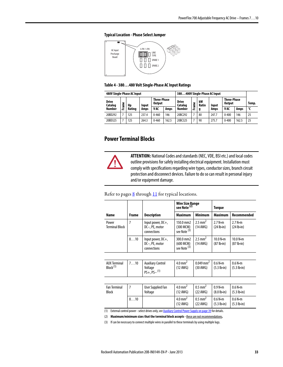 Power terminal blocks, Table 4, Refer to pag es 8 through 11 for typical locations | Rockwell Automation 20D PowerFlex 700 Installation Instructions - Frames 7…10 User Manual | Page 33 / 76