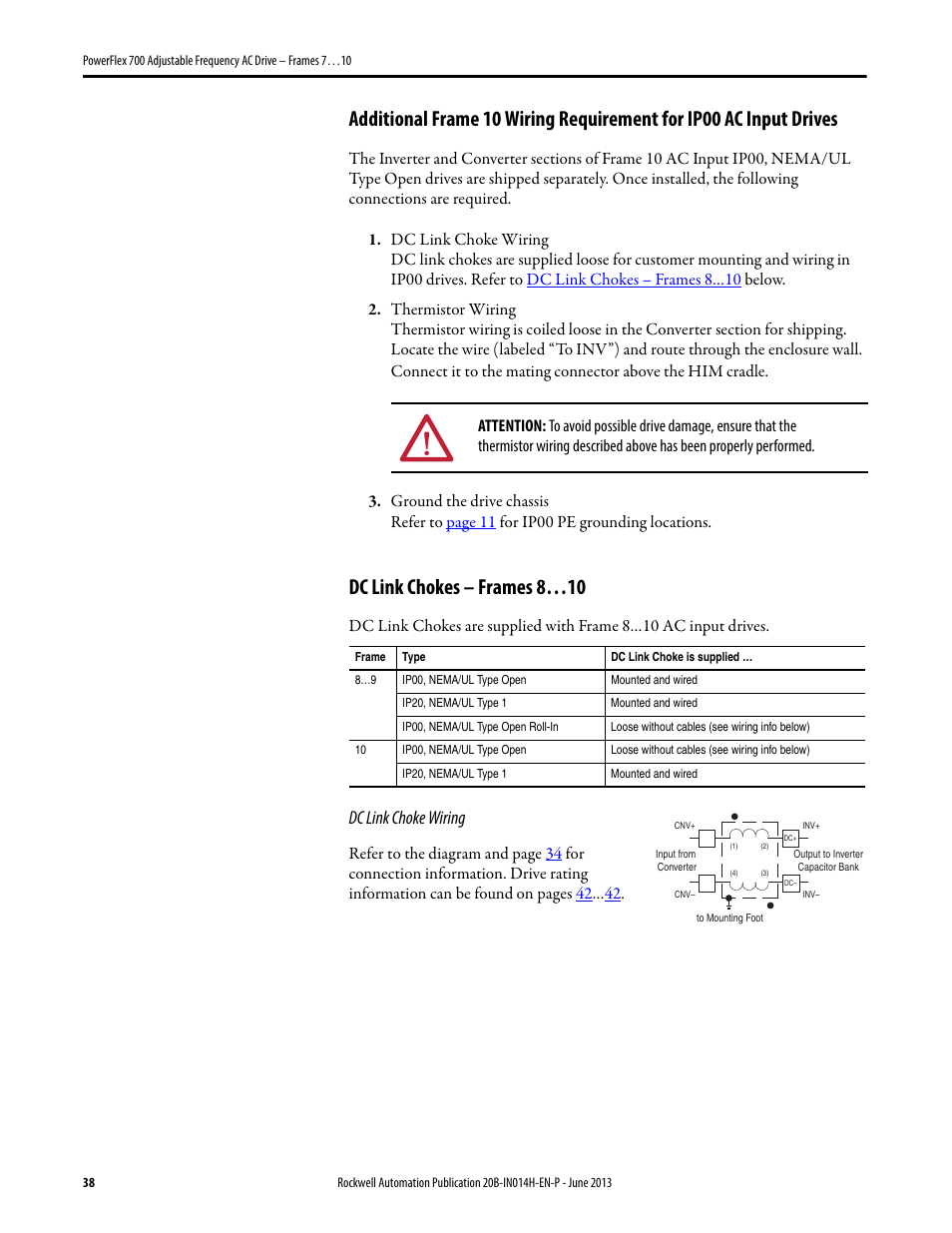 Dc link chokes – frames 8…10, 38 dc link chokes – frames 8…10, Dc link choke wiring | Rockwell Automation 20D PowerFlex 700 Installation Instructions - Frames 7…10 User Manual | Page 38 / 76