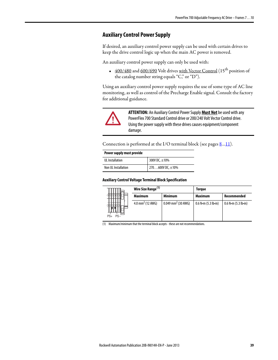 Auxiliary control power supply, For d | Rockwell Automation 20D PowerFlex 700 Installation Instructions - Frames 7…10 User Manual | Page 39 / 76