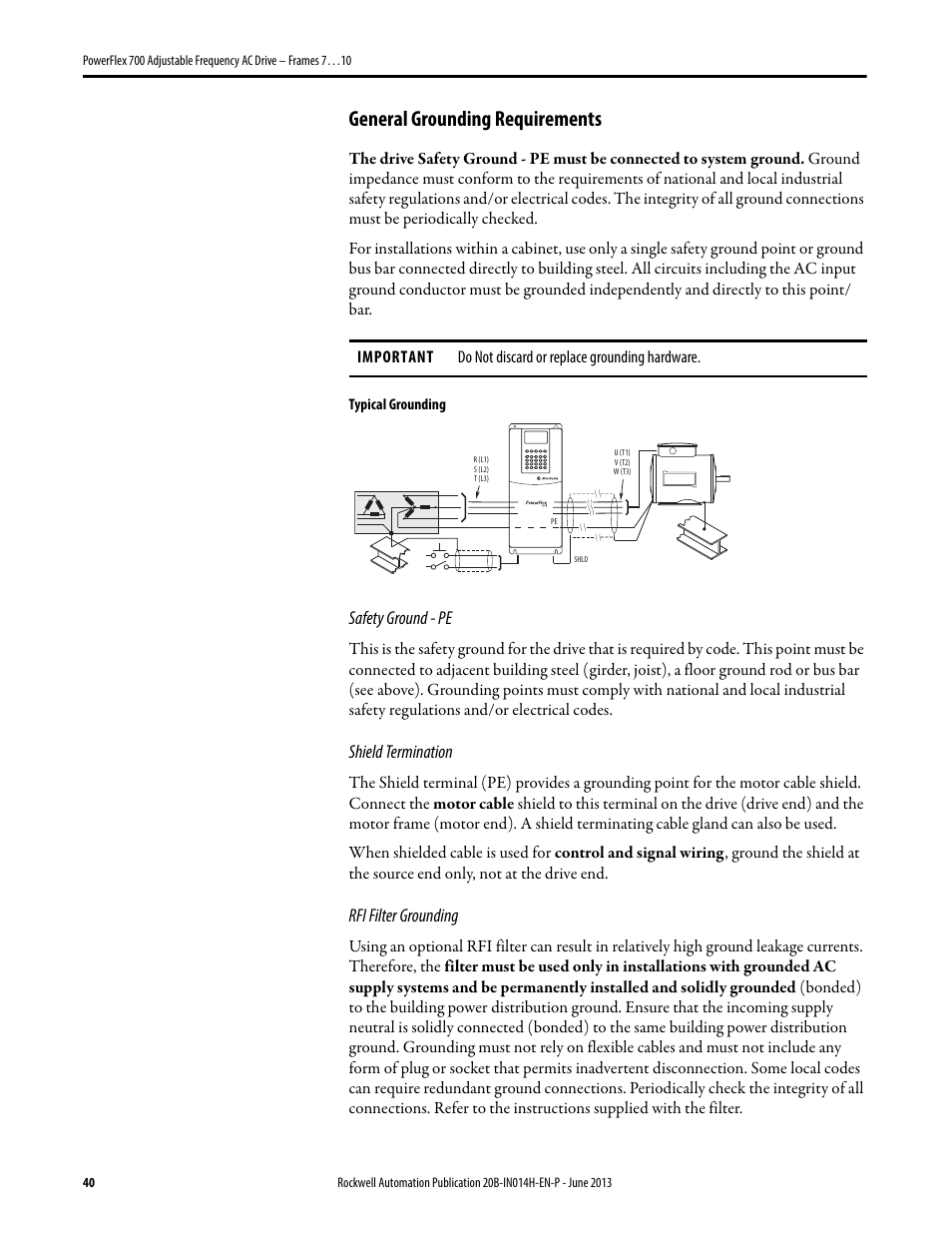 General grounding requirements, General grounding, Requirements | Rockwell Automation 20D PowerFlex 700 Installation Instructions - Frames 7…10 User Manual | Page 40 / 76