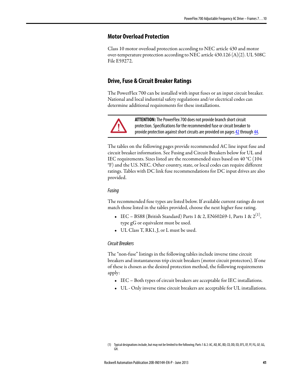 Motor overload protection, Drive, fuse & circuit breaker ratings, 41 drive, fuse & circuit breaker ratings | Rockwell Automation 20D PowerFlex 700 Installation Instructions - Frames 7…10 User Manual | Page 41 / 76