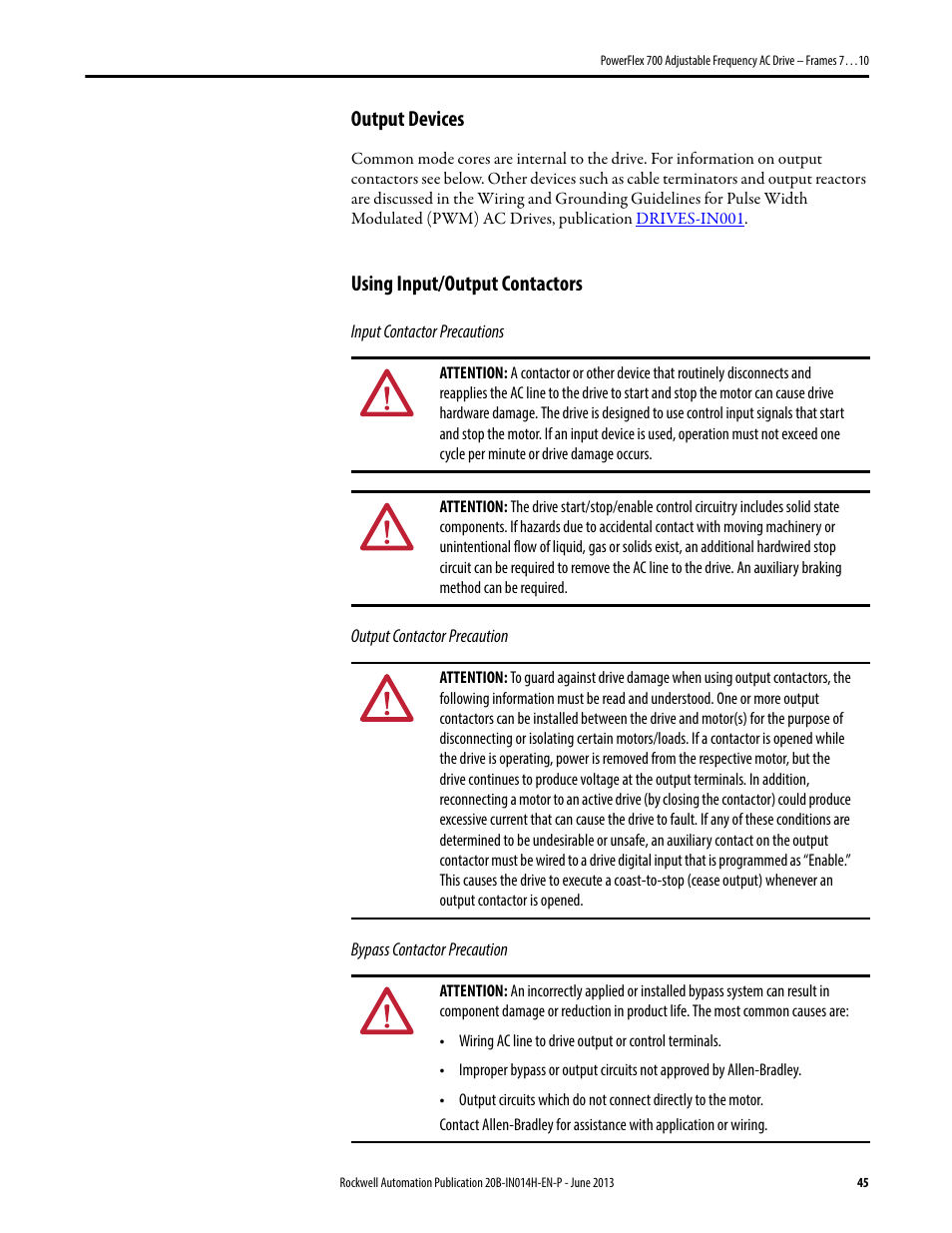 Output devices, Using input/output contactors, 45 using input/output contactors | Rockwell Automation 20D PowerFlex 700 Installation Instructions - Frames 7…10 User Manual | Page 45 / 76