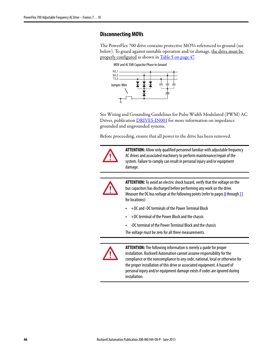 Disconnecting movs | Rockwell Automation 20D PowerFlex 700 Installation Instructions - Frames 7…10 User Manual | Page 46 / 76
