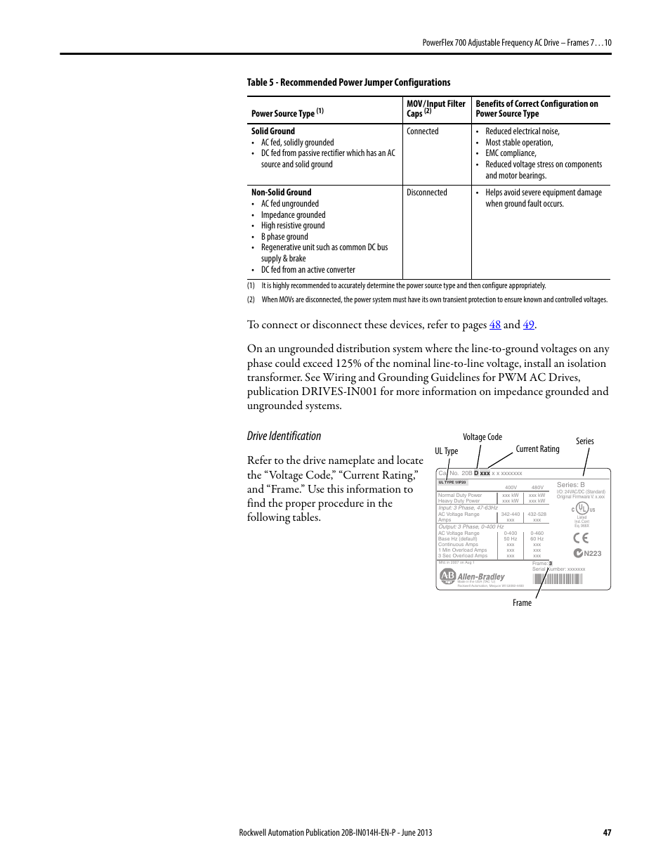 Drive identification, Table 5 - recommended power jumper configurations | Rockwell Automation 20D PowerFlex 700 Installation Instructions - Frames 7…10 User Manual | Page 47 / 76