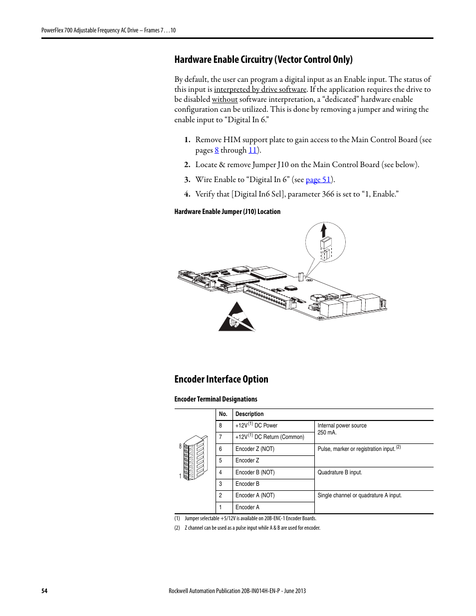 Hardware enable circuitry (vector control only), Encoder interface option, 54 encoder interface option | Rockwell Automation 20D PowerFlex 700 Installation Instructions - Frames 7…10 User Manual | Page 54 / 76