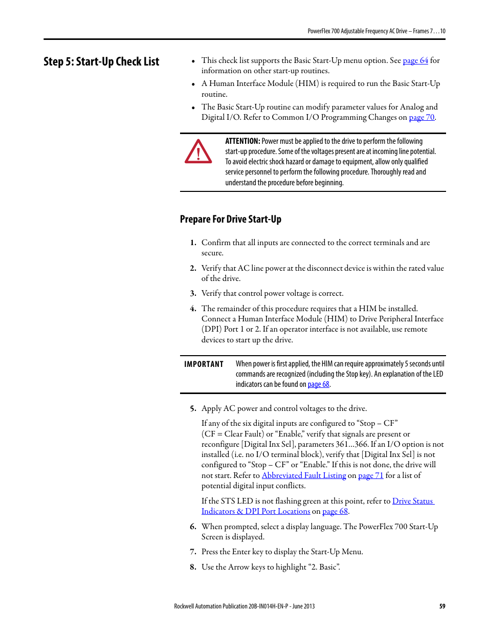 Step 5: start-up check list, Prepare for drive start-up | Rockwell Automation 20D PowerFlex 700 Installation Instructions - Frames 7…10 User Manual | Page 59 / 76