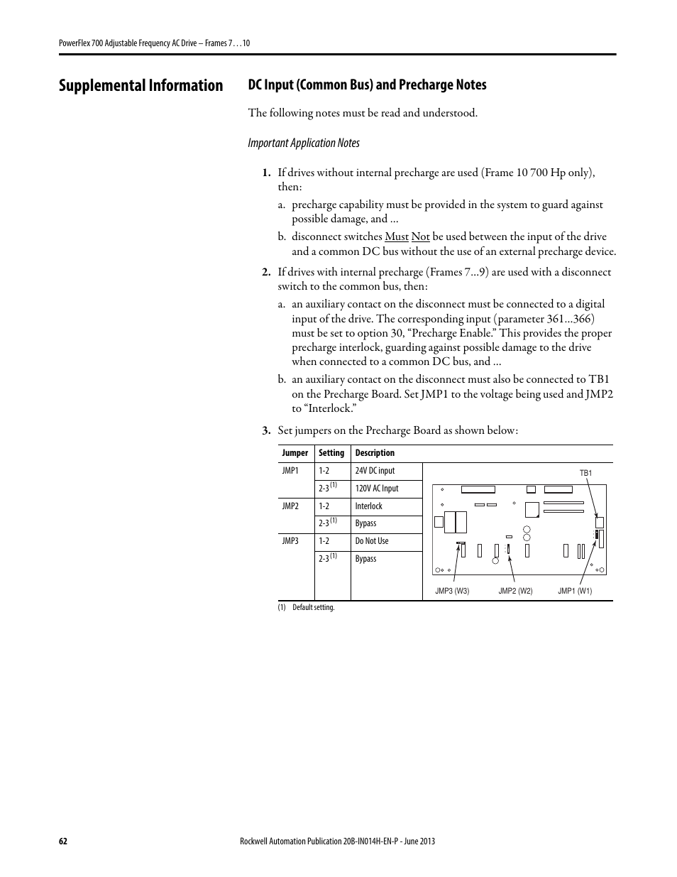Supplemental information, Dc input (common bus) and precharge notes | Rockwell Automation 20D PowerFlex 700 Installation Instructions - Frames 7…10 User Manual | Page 62 / 76