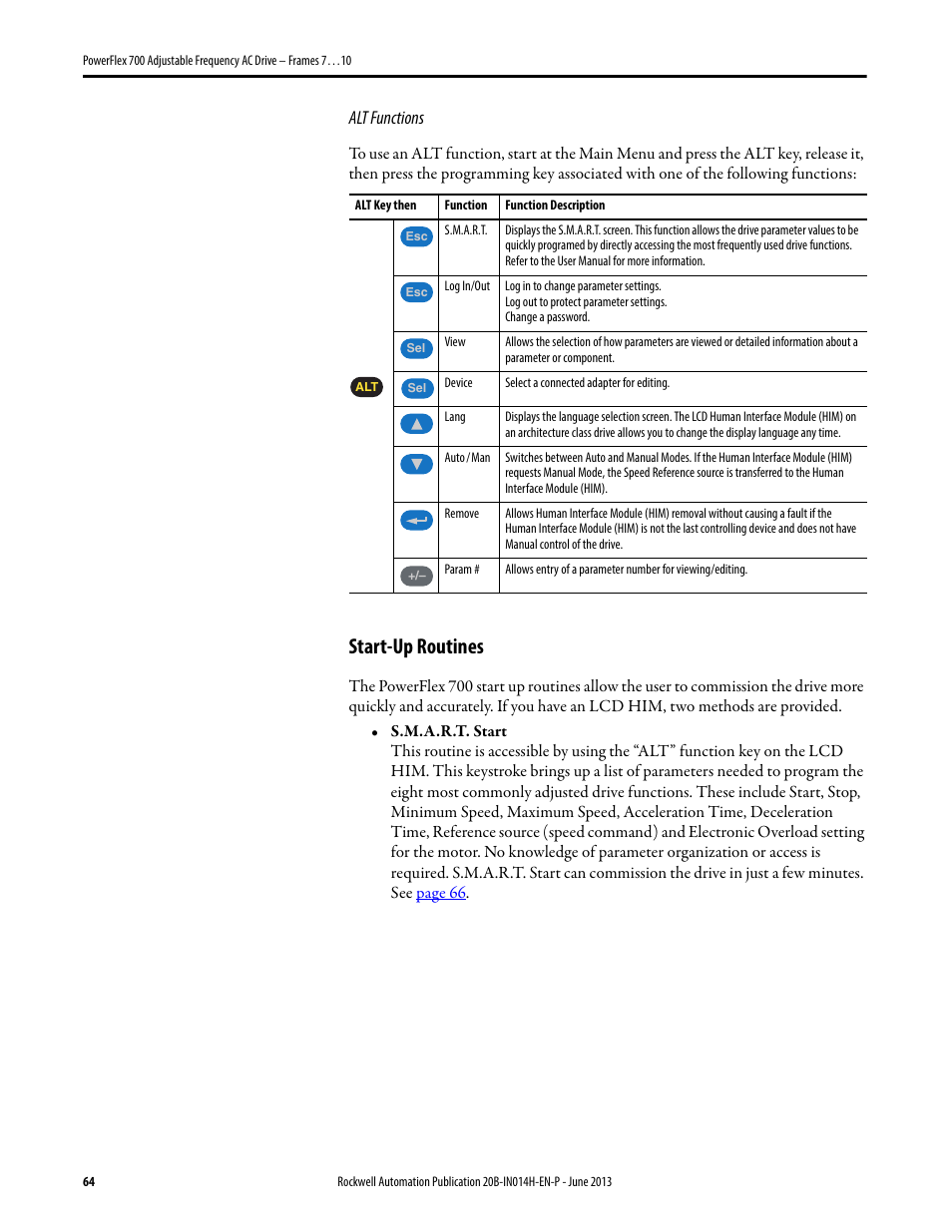 Start-up routines, Alt functions | Rockwell Automation 20D PowerFlex 700 Installation Instructions - Frames 7…10 User Manual | Page 64 / 76