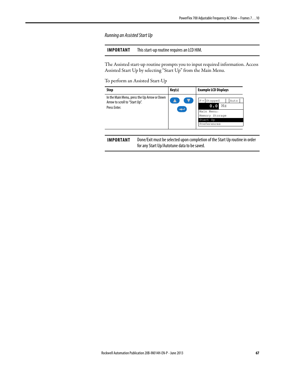 Running an assisted start up | Rockwell Automation 20D PowerFlex 700 Installation Instructions - Frames 7…10 User Manual | Page 67 / 76