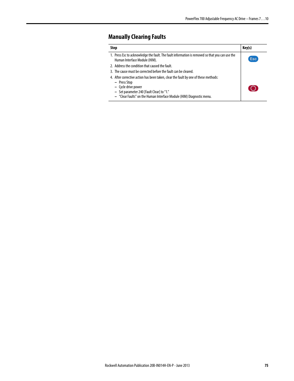 Manually clearing faults | Rockwell Automation 20D PowerFlex 700 Installation Instructions - Frames 7…10 User Manual | Page 75 / 76