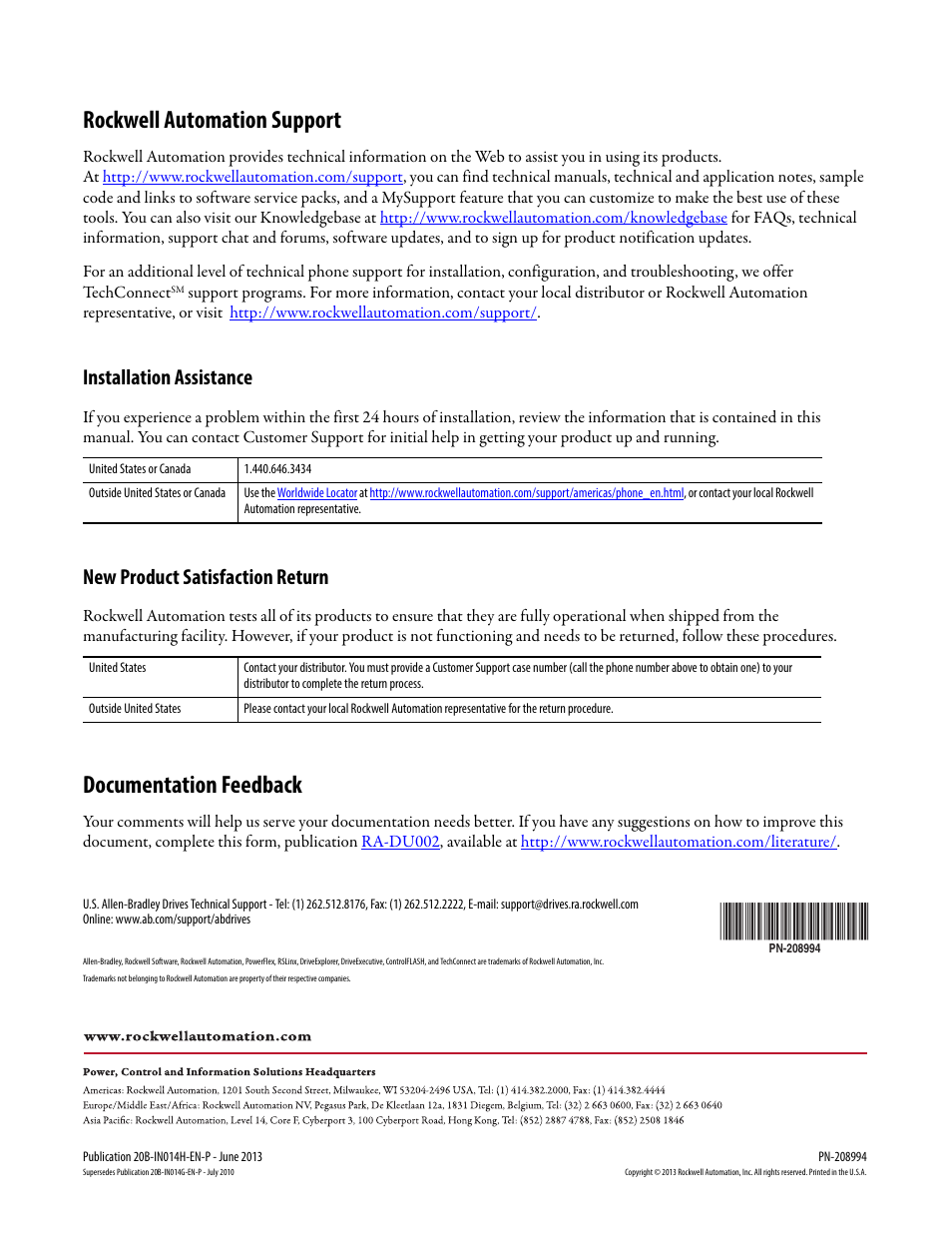 Rockwell automation support, Documentation feedback, Installation assistance | New product satisfaction return | Rockwell Automation 20D PowerFlex 700 Installation Instructions - Frames 7…10 User Manual | Page 76 / 76