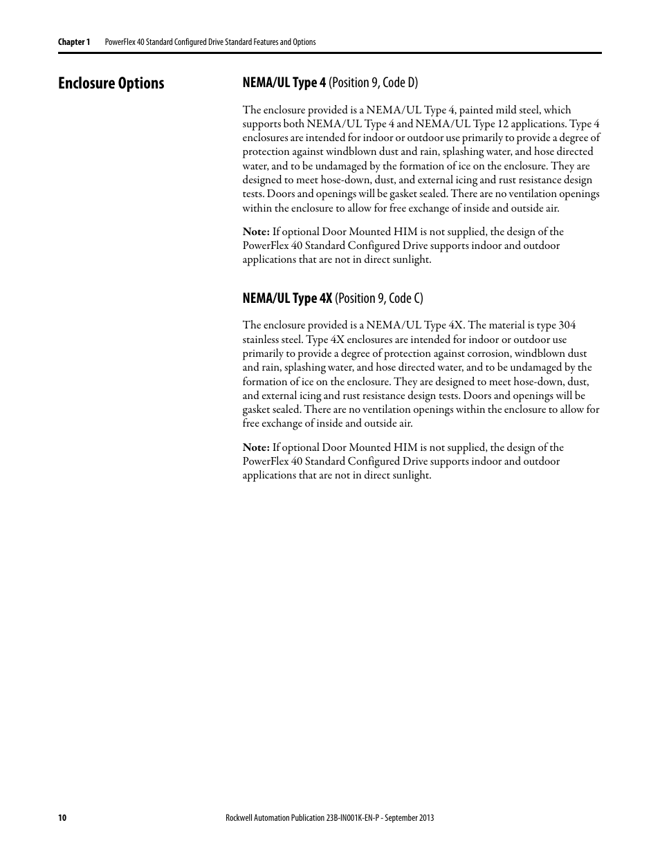 Enclosure options, Nema/ul type 4 (position 9, code d), Nema/ul type 4x (position 9, code c) | Rockwell Automation 22B PowerFlex 40 Configured AC Drives User Manual | Page 10 / 62