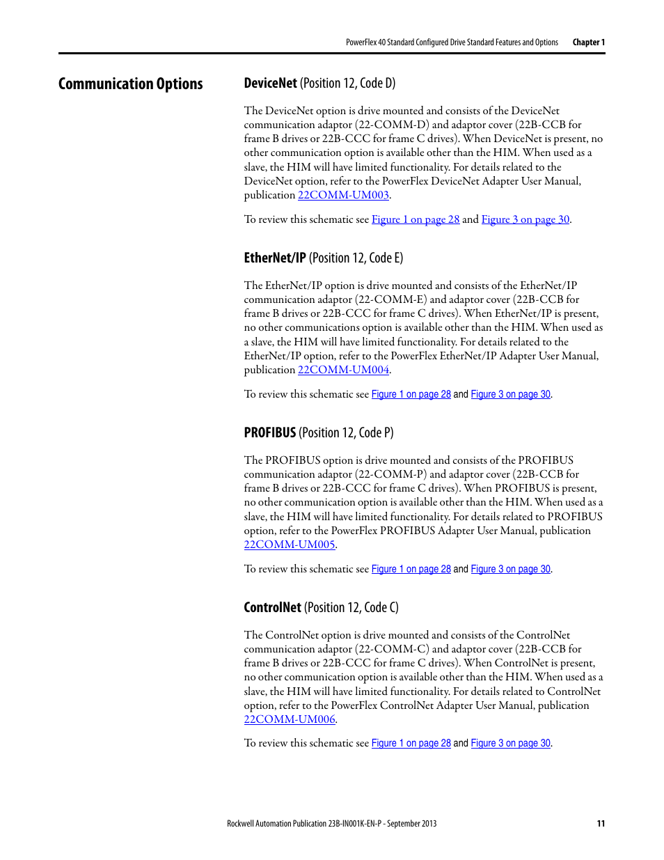 Communication options, Devicenet (position 12, code d), Ethernet/ip (position 12, code e) | Profibus (position 12, code p), Controlnet (position 12, code c) | Rockwell Automation 22B PowerFlex 40 Configured AC Drives User Manual | Page 11 / 62