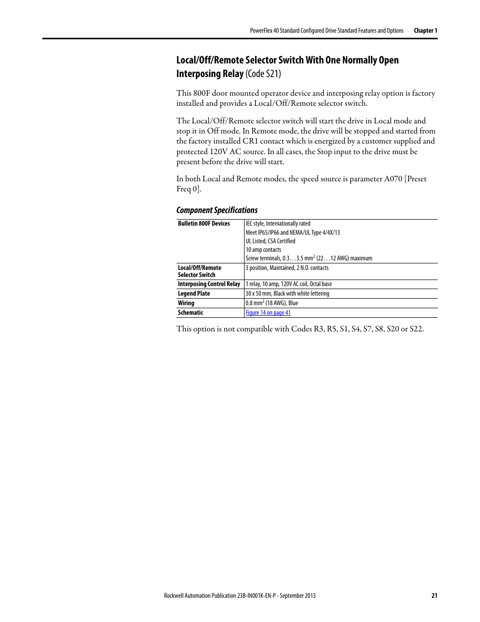 Interposing relay (code s21), Component specifications | Rockwell Automation 22B PowerFlex 40 Configured AC Drives User Manual | Page 21 / 62