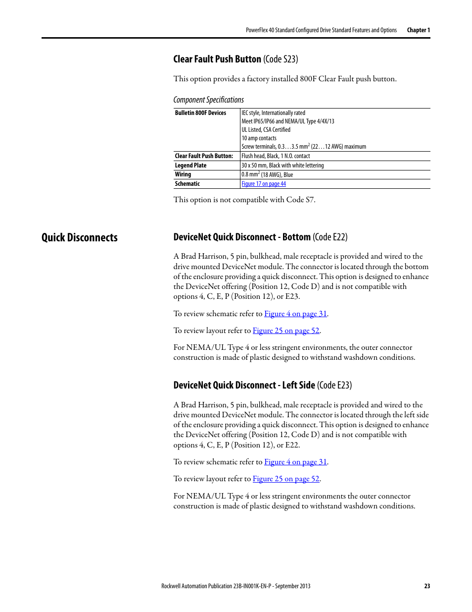 Clear fault push button (code s23), Quick disconnects, Devicenet quick disconnect - bottom (code e22) | Devicenet quick disconnect - left side (code e23) | Rockwell Automation 22B PowerFlex 40 Configured AC Drives User Manual | Page 23 / 62