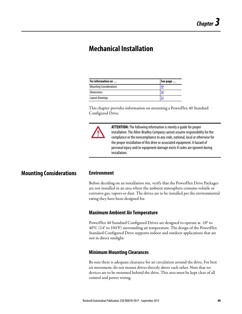 Chapter 3, Mechanical installation, Mounting considerations | Environment, Maximum ambient air temperature, Minimum mounting clearances, Chapter | Rockwell Automation 22B PowerFlex 40 Configured AC Drives User Manual | Page 49 / 62